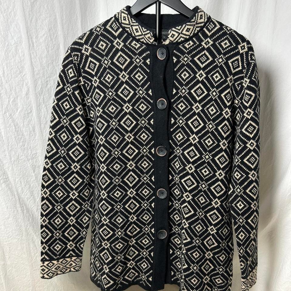 Nomadic Traders Womens L Black Tan Geometric Button Front Cardigan Sweater
